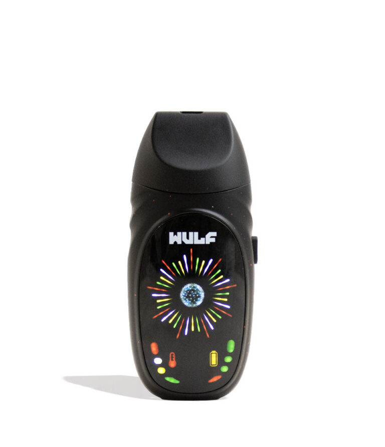 Black-Red Spatter Wulf Mods Faze Portable Dry Herb Vaporizer Front View on White Background