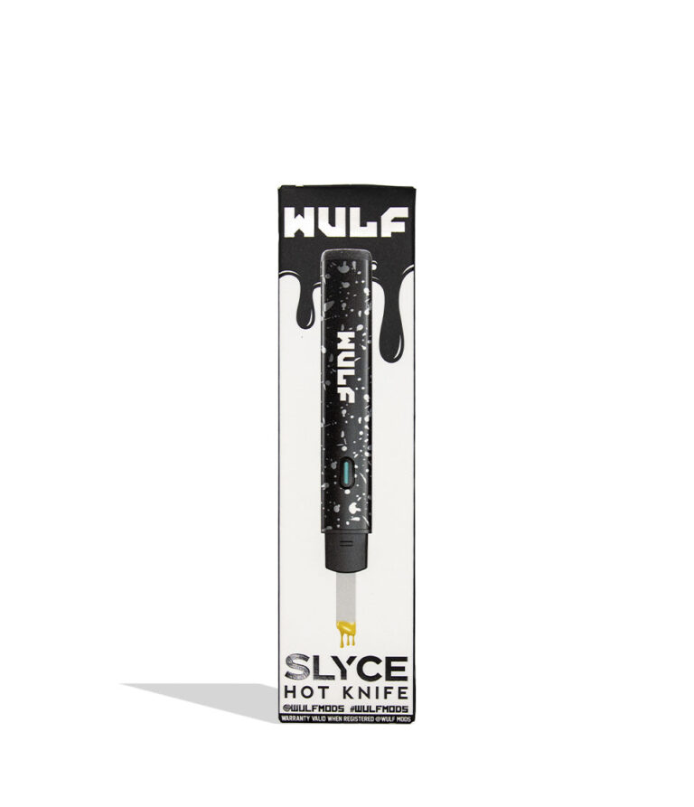 Wulf Slyce black white spatter individual packaging on a white background