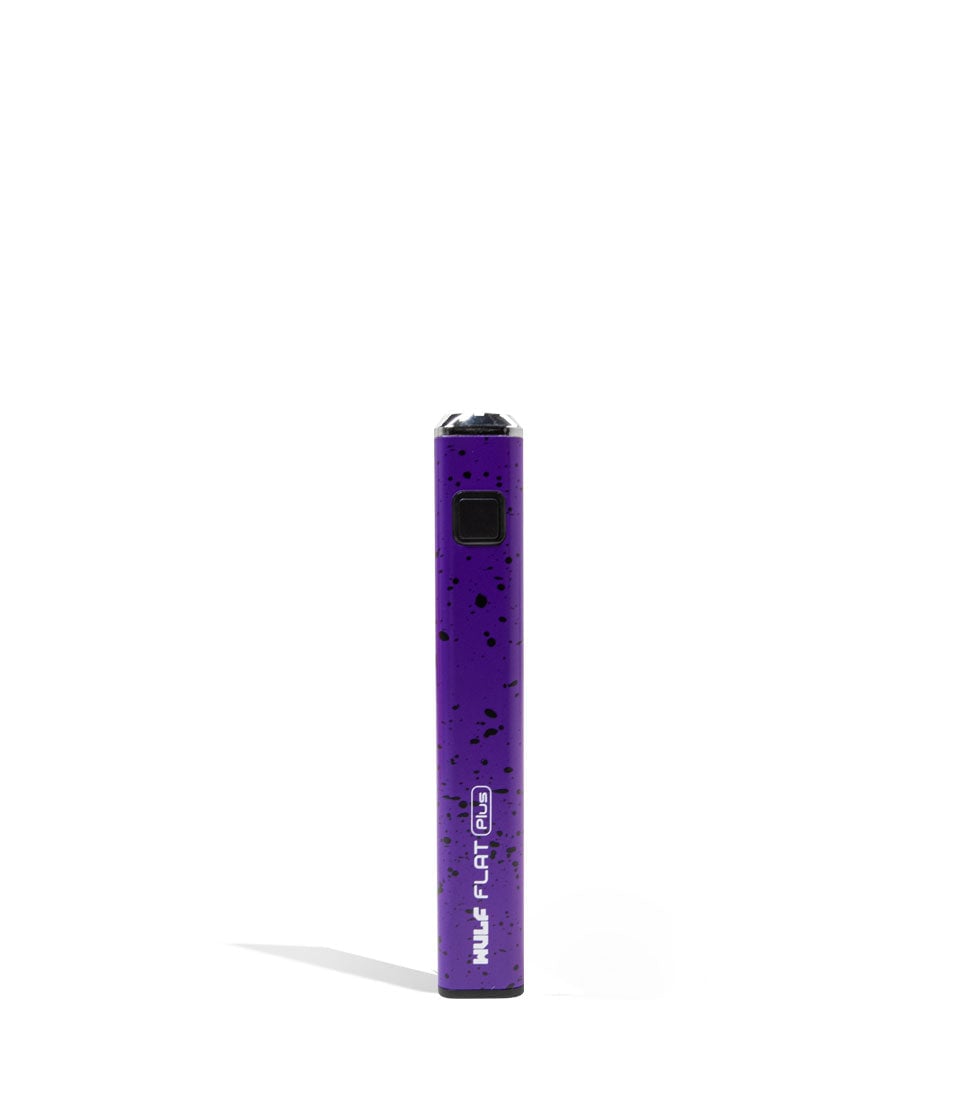Purple Black Spatter Wulf Mods Flat Plus 510 Thread Battery 12pk on white background