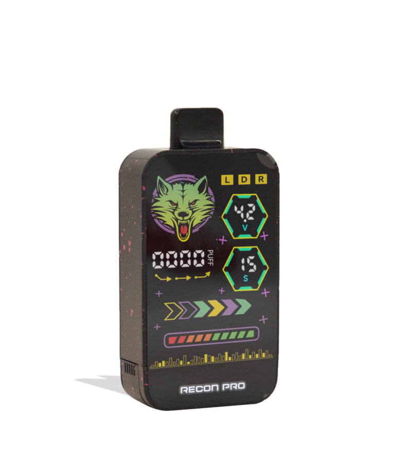 Black Red Spatter Wulf Mods Recon Pro Dual 510 Voltage Battery 9pk Angle View on White Background
