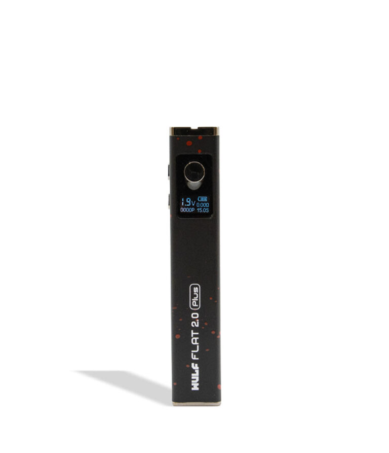 WULF Flat Plus 2.0 510 thread battery in black with red spatter, upright with the display lit