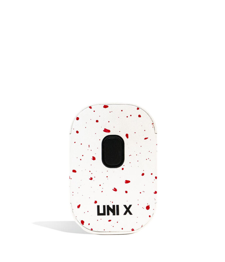 White Red Spatter Wulf Mods UNI X 510 Thread Battery front view on white background