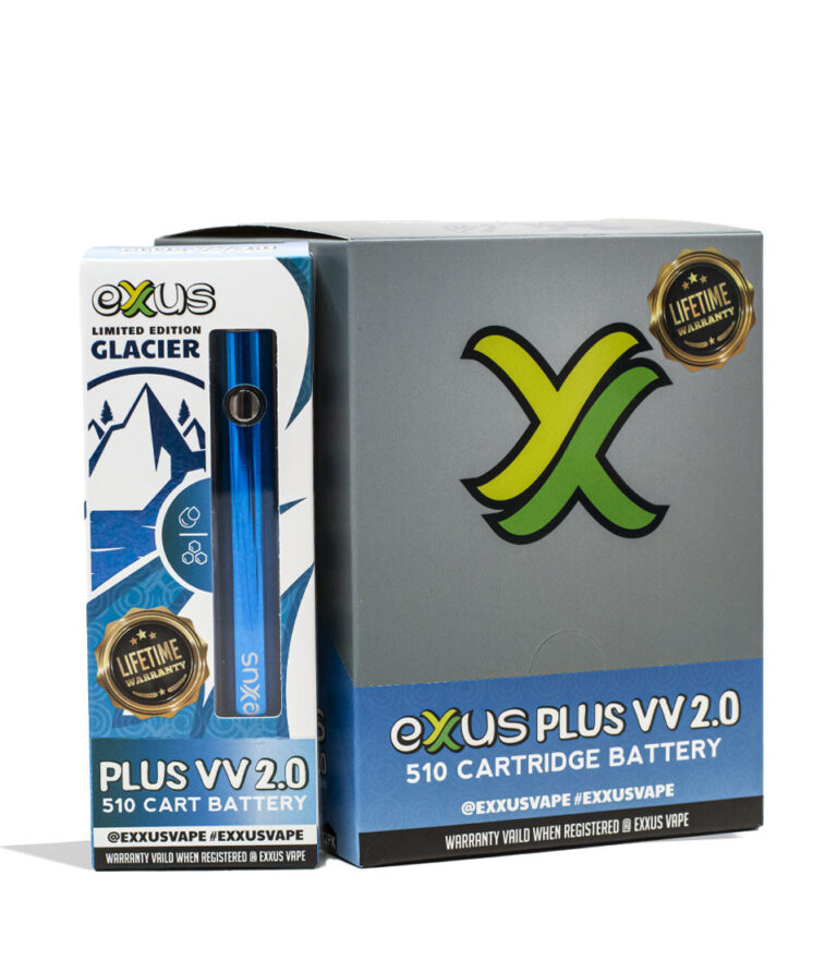 Glacier Exxus Vape Plus VV 2.0 510 Thread Battery 12pk Packaging Front View on White Background