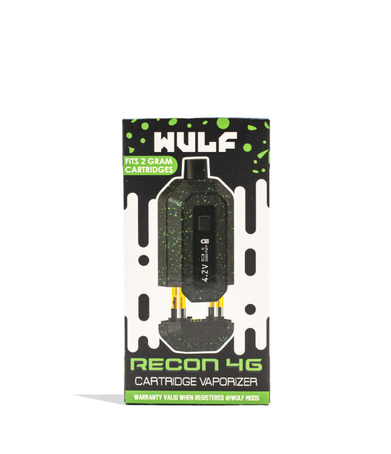 Black Green Spatter Wulf Mods Recon 4g Dual 510 Thread Battery 9pk Packaging Front View on White Background