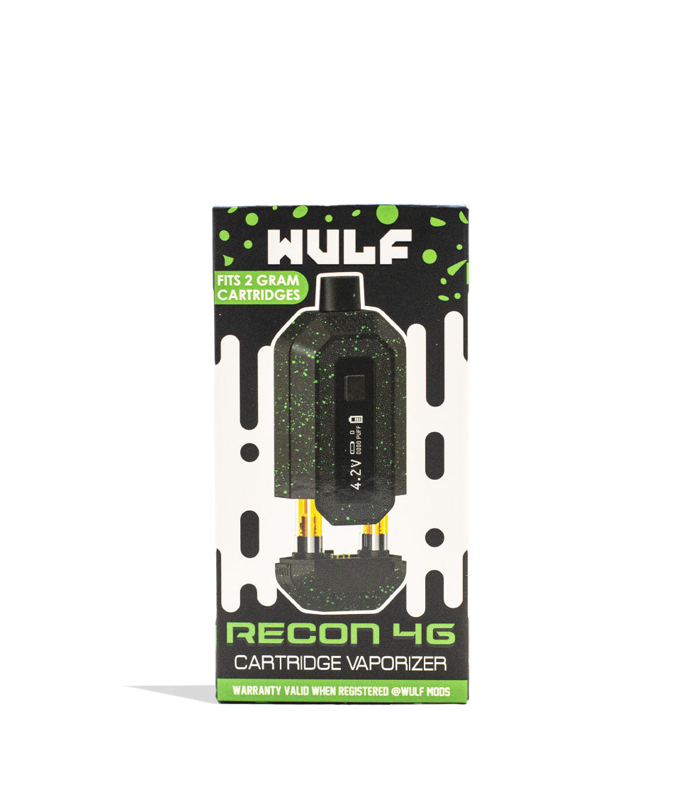 Black Green Spatter Wulf Mods Recon 4g Dual 510 Thread Battery 9pk Packaging Front View on White Background