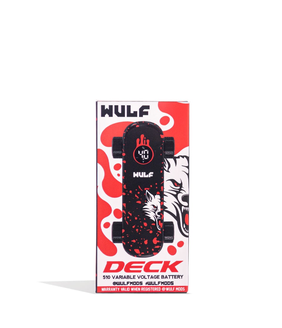 Black Red Spatter Wulf Mods Deck Skateboard Voltage Battery 9pk Packaging Front View on White Background