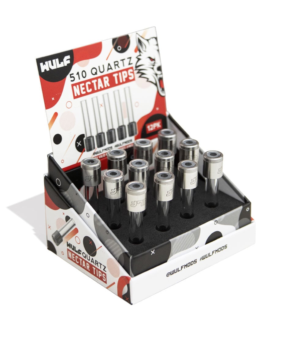 Quartz Wulf Mods 510 Threaded Nectar Collector Tips 12pk Packaging Angle View on White Background