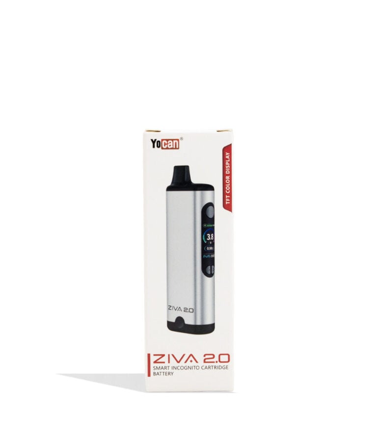 Silver Yocan Ziva 2.0 Variable Voltage Battery 10pk Packaging Front View on White Background