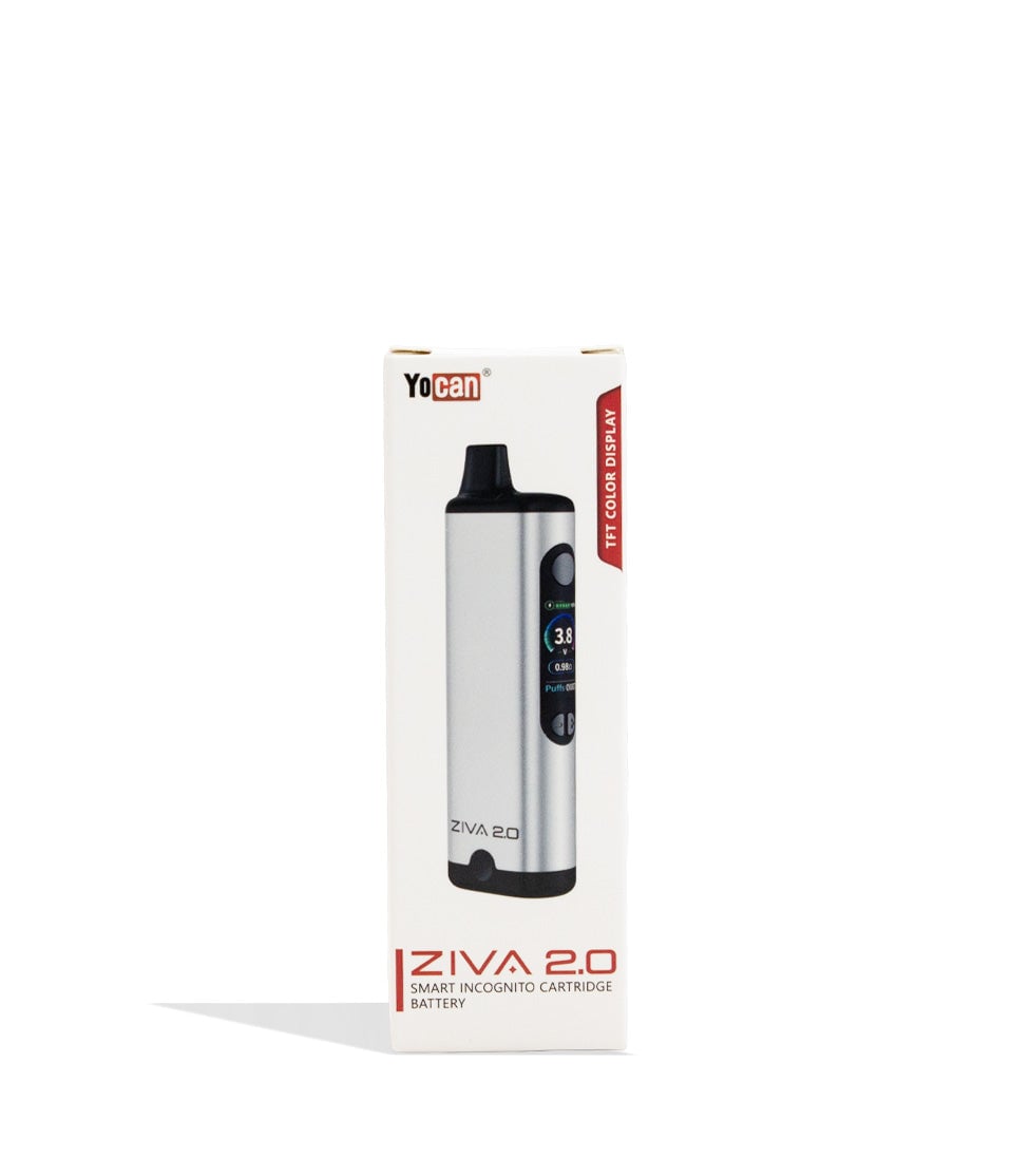 Silver Yocan Ziva 2.0 Variable Voltage Battery 10pk Packaging Front View on White Background