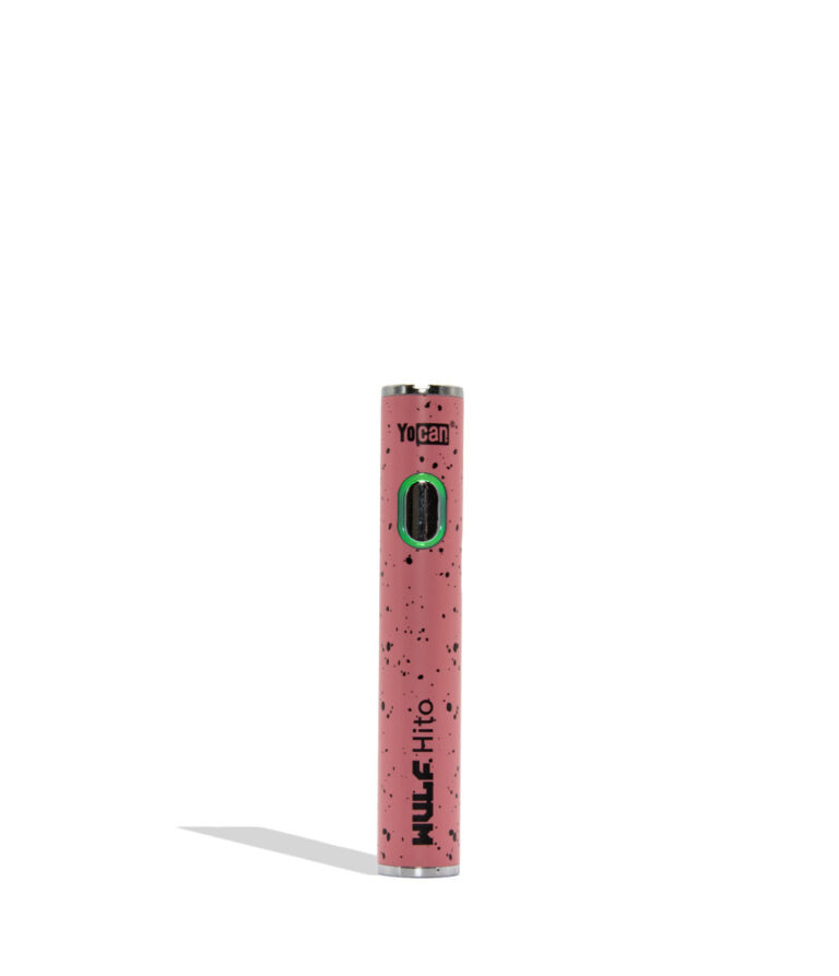 WULF Mods Hito 510 battery in pink black spatter color variant on a white background with a green ring light turned on surrounding the main power button.
