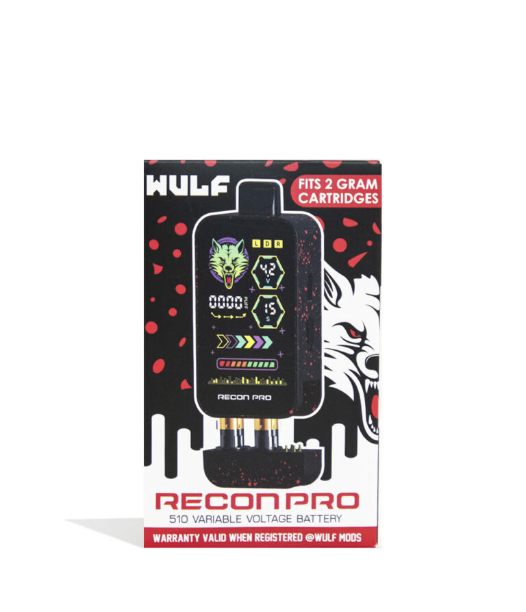 Black Red Spatter Wulf Mods Recon Pro Dual 510 Voltage Battery 9pk Packaging Front View on White Background