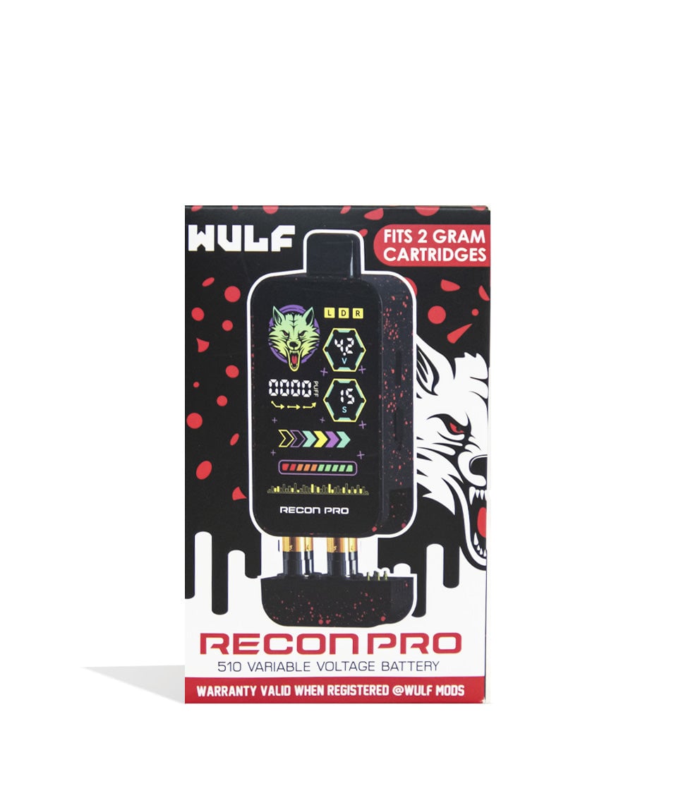 Black Red Spatter Wulf Mods Recon Pro Dual 510 Voltage Battery 9pk Packaging Front View on White Background