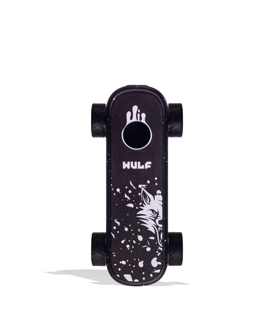Black White Spatter Wulf Mods Deck Skateboard Voltage Battery 9pk Front View on White Background