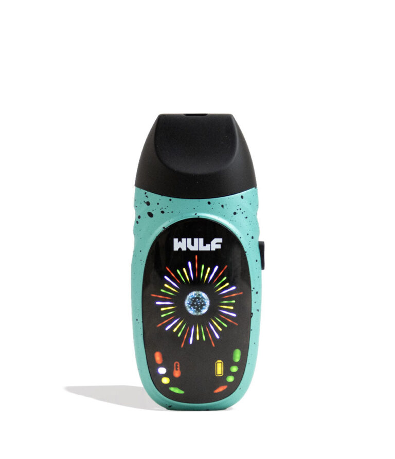 Teal-Black Spatter Wulf Mods Faze Portable Dry Herb Vaporizer Angle View on White Background