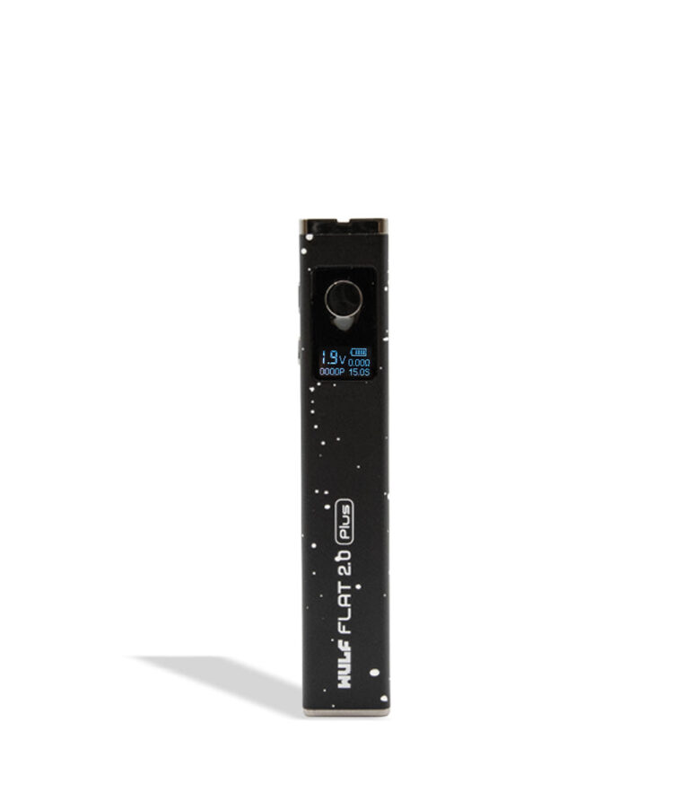 WULF Flat Plus 2.0 510 thread battery in black with white spatter, upright with the display lit