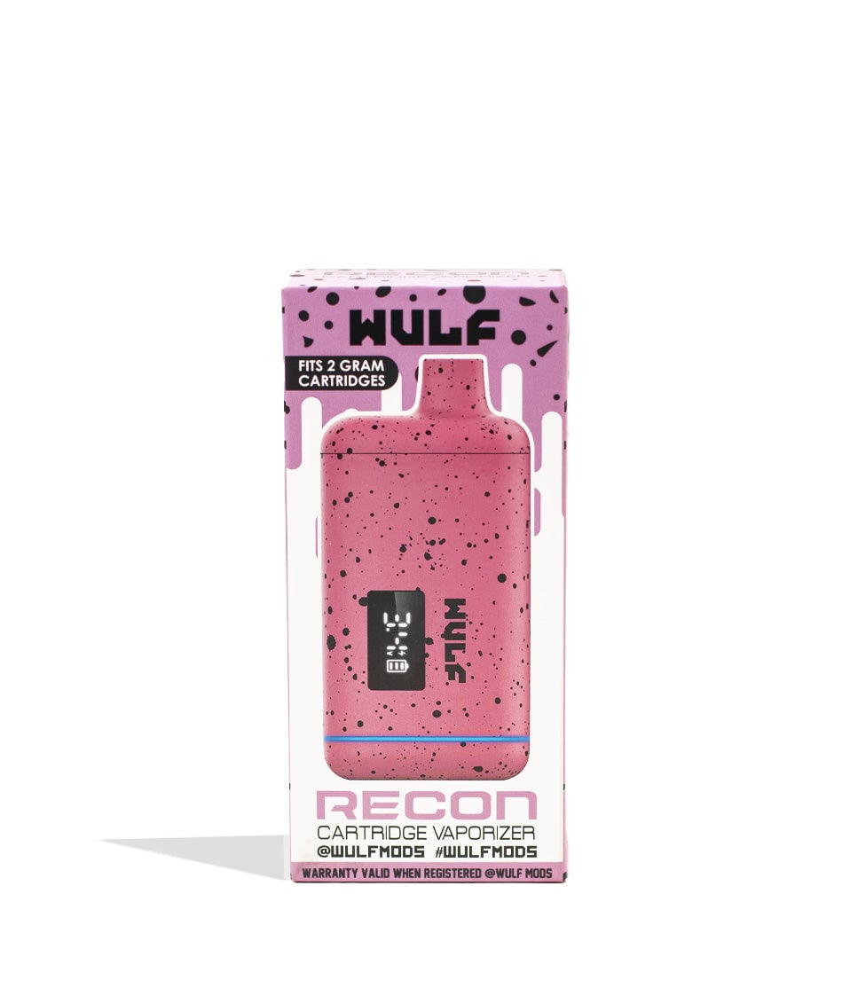 Pink Black Spatter Wulf Mods Recon 510 Thread Battery 9pk Packaging Front View on White Background