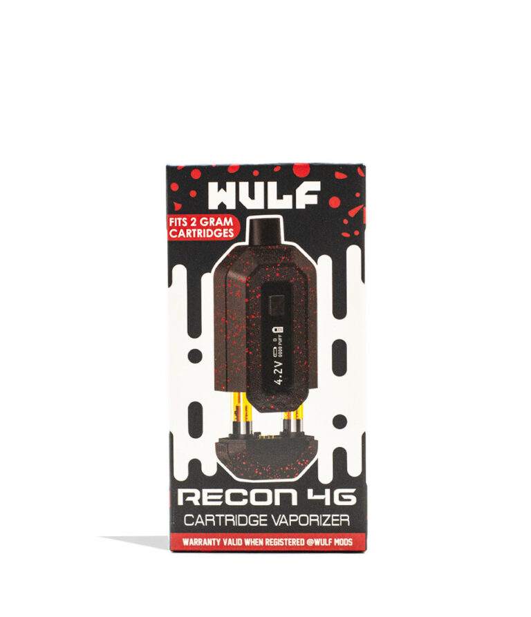 Black Red Spatter Wulf Mods Recon 4g Dual 510 Thread Battery 9pk Packaging Front View on White Background