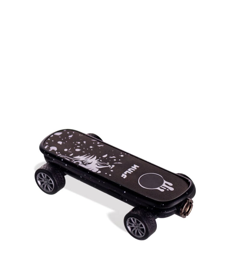 Black White Spatter Wulf Mods Deck Skateboard Voltage Battery 9pk Down View on White Background