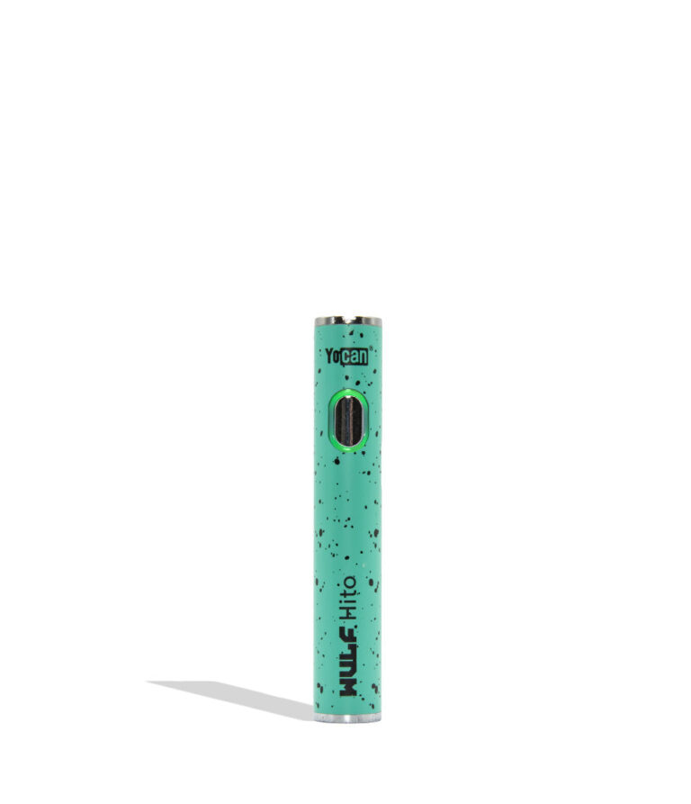 WULF Mods Hito 510 battery in teal black spatter color variant on a white background with a green ring light turned on surrounding the main power button.
