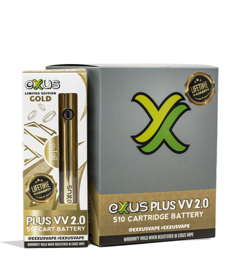Gold Exxus Vape Plus VV 2.0 510 Thread Battery 12pk Packaging Front View on White Background