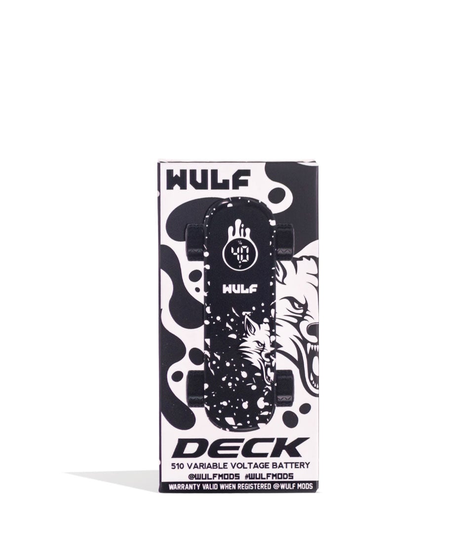 Black White Spatter Wulf Mods Deck Skateboard Voltage Battery 9pk Packaging Front View on White Background