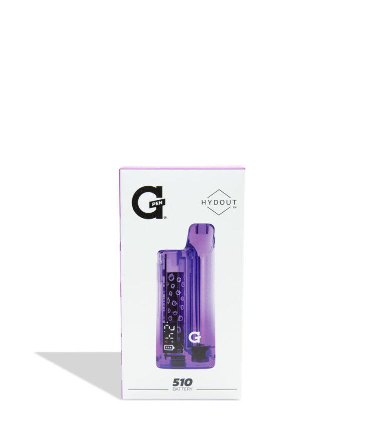 Purple vape pen with packaging featuring the brand 'G' on a white background