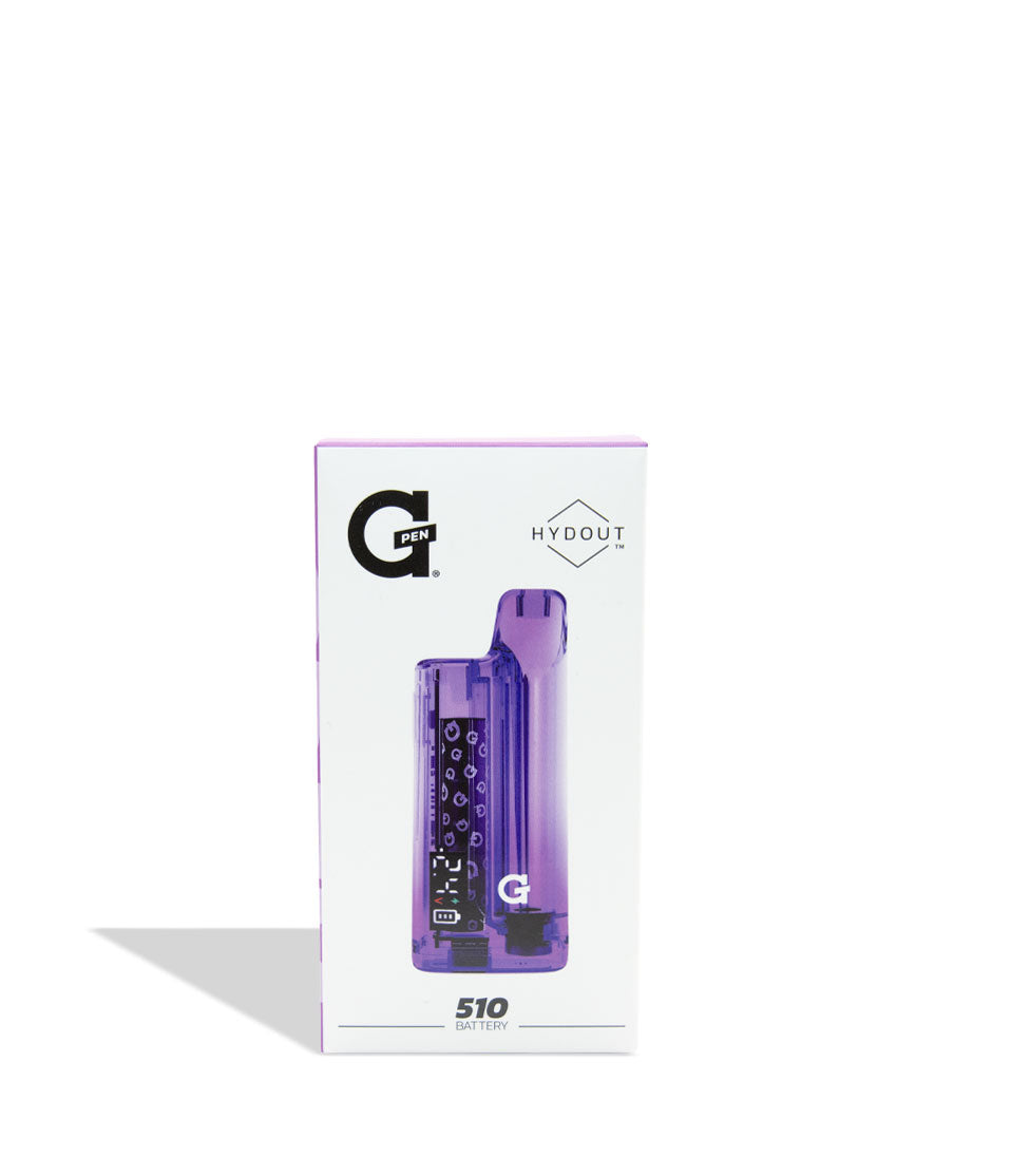 Purple vape pen with packaging featuring the brand 'G' on a white background