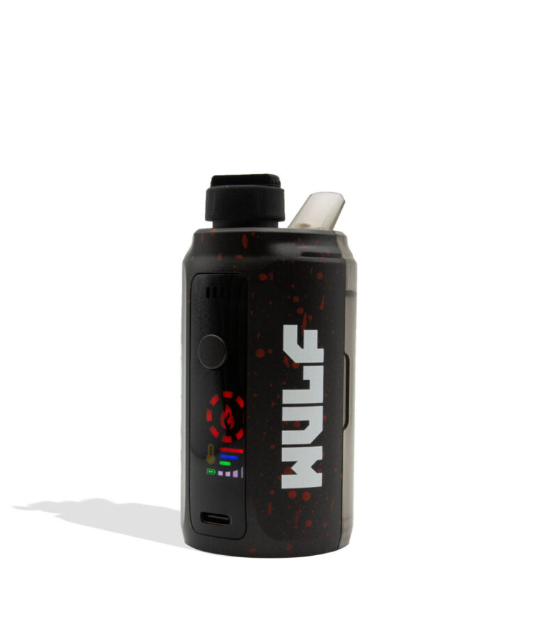 Black Red Spatter Wulf Mods Growler Electronic Dab Rig angle view on white background