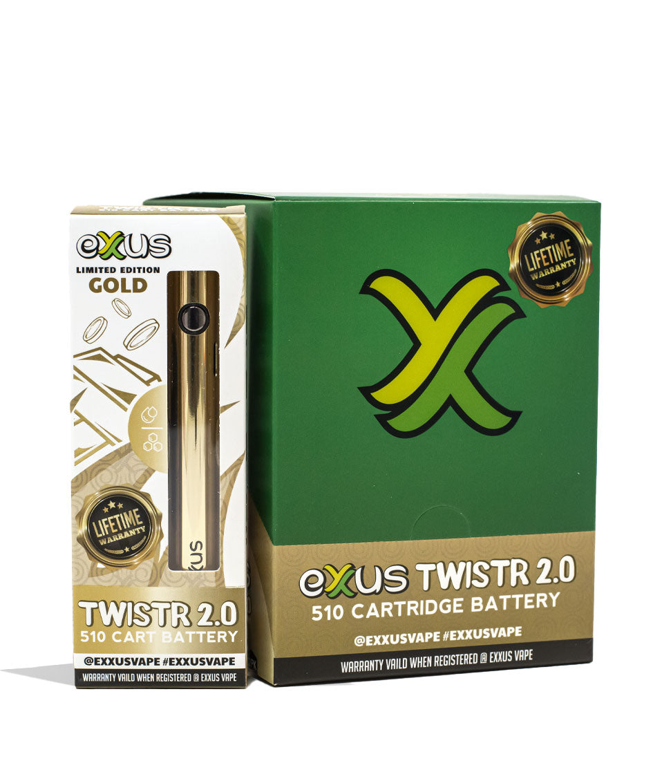 Gold Exxus Vape Twistr 2.0 510 Thread Battery 12pk Packaging Front View on White Background