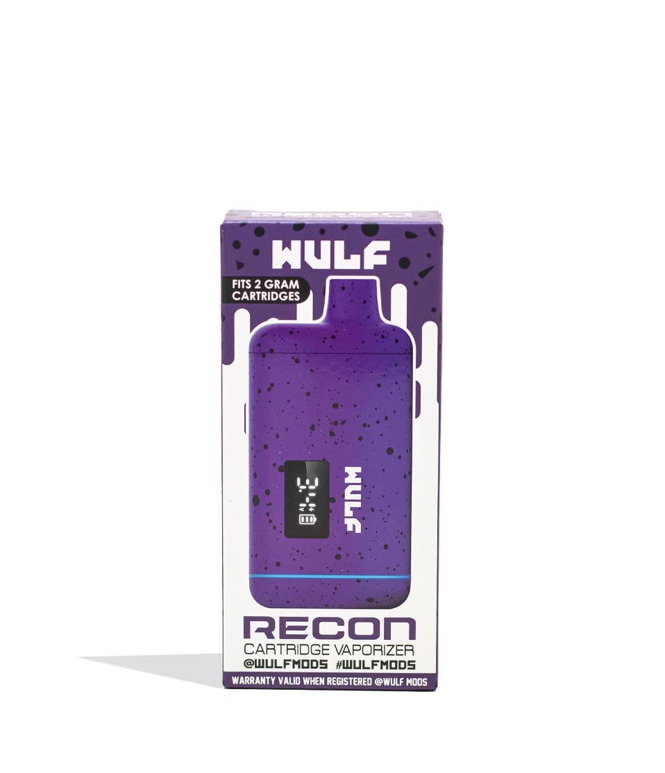 Purple Black Spatter Wulf Mods Recon 510 Thread Battery 9pk Packaging Front View on White Background