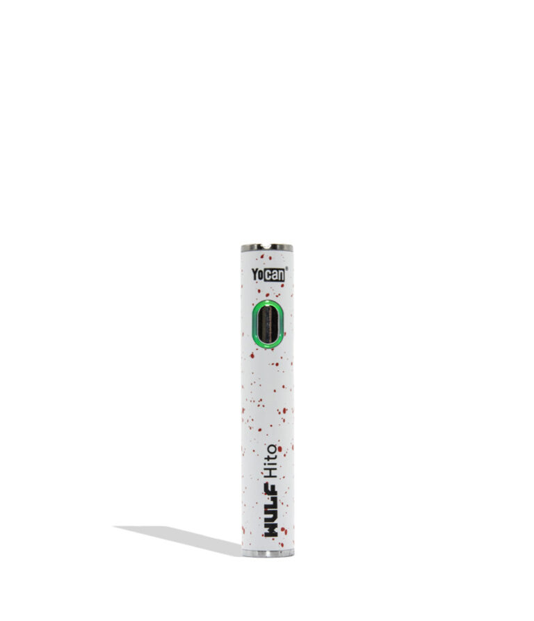 WULF Mods Hito 510 battery in white  spatter color variant on a white background with a green ring light turned on surrounding the main power button.