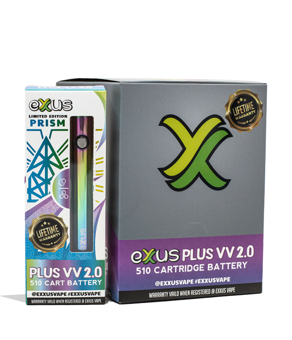Prism Exxus Vape Plus VV 2.0 510 Thread Battery 12pk Packaging Front View on White Background