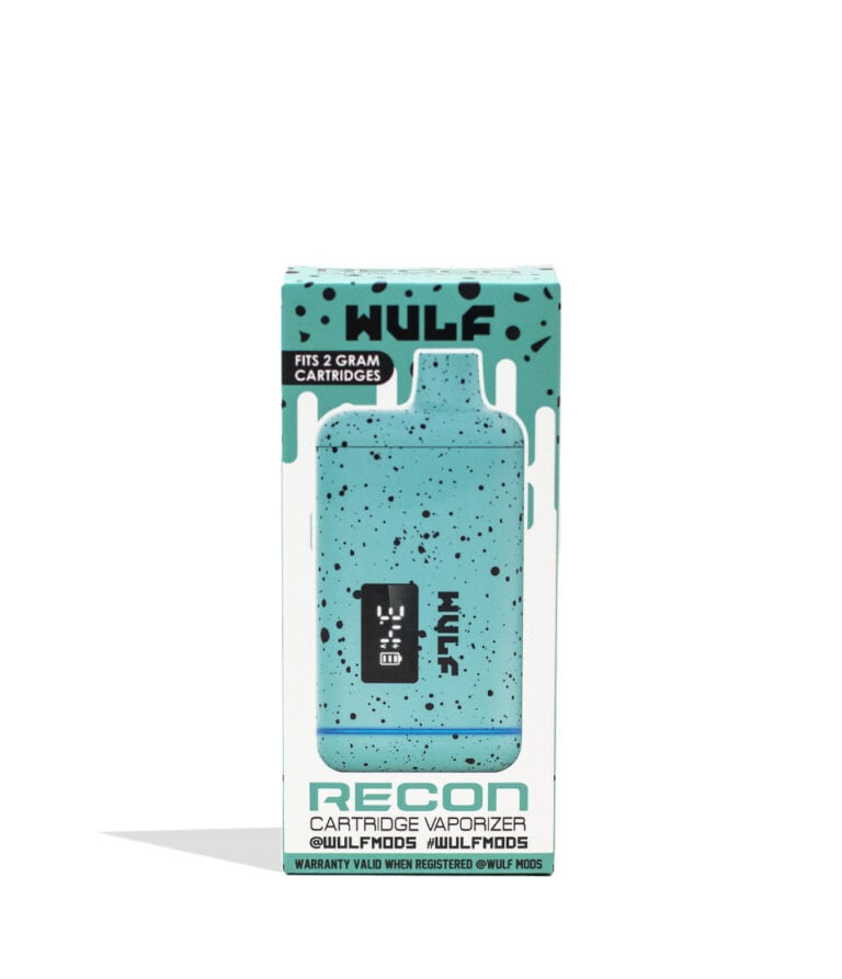Teal Black Spatter Wulf Mods Recon 510 Thread Battery 9pk Packaging Front View on White Background