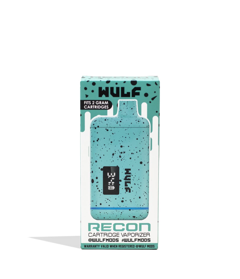 Teal Black Spatter Wulf Mods Recon 510 Thread Battery 9pk Packaging Front View on White Background