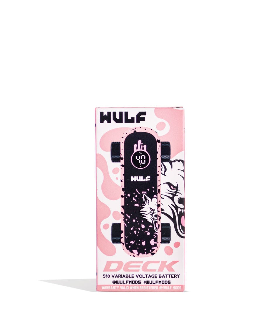 Pink Black Spatter Wulf Mods Deck Skateboard Voltage Battery 9pk Packaging Front View on White Background