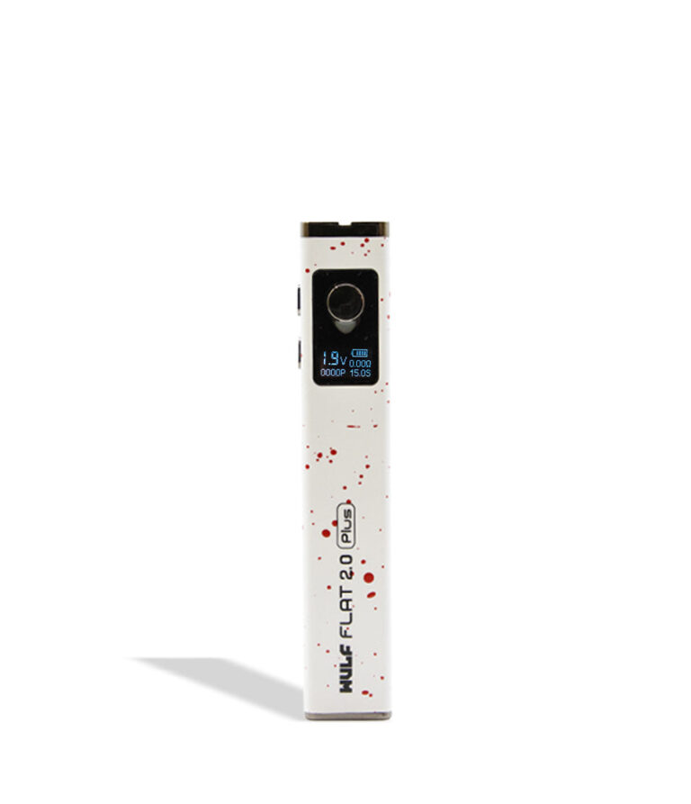 WULF Flat Plus 2.0 510 thread battery in white with red spatter, upright with the display lit