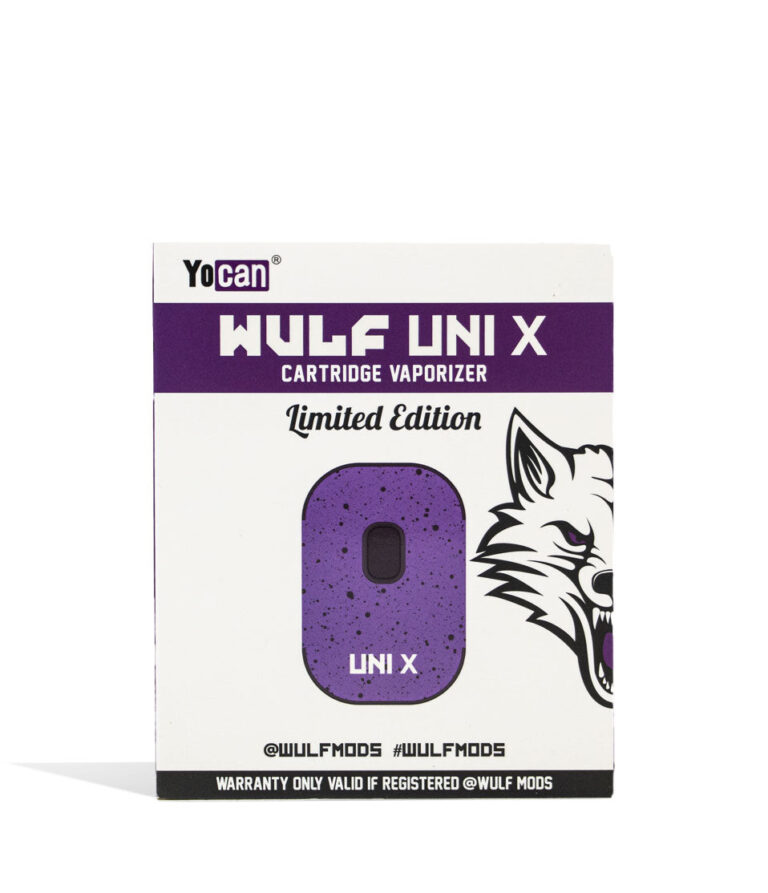 Purple Black Spatter Wulf Mods UNI X 510 Thread Battery Box on white background