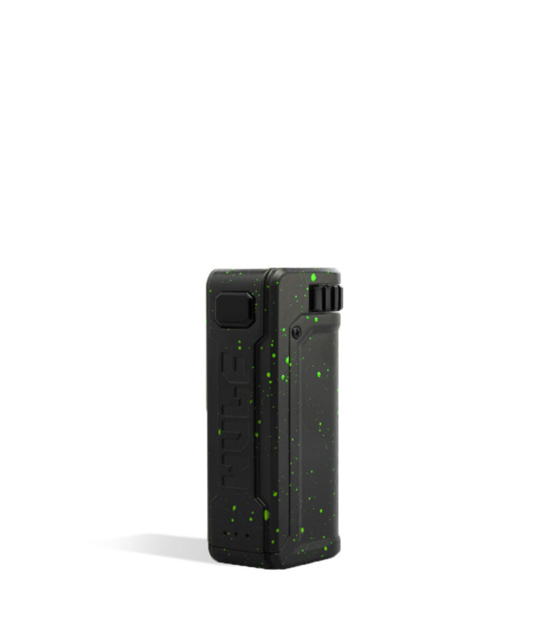 Black Green Spatter side Wulf Mods UNI S Adjustable 510 Thread Battery on white background
