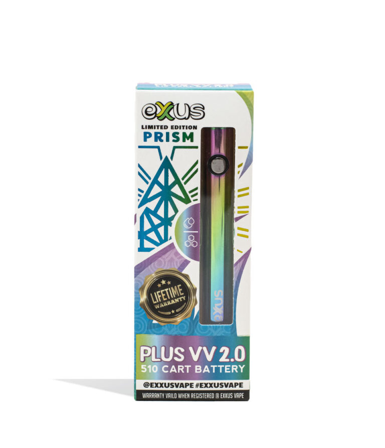 Prism Exxus Vape Plus VV 2.0 510 Thread Battery Packaging  Front View on White Background