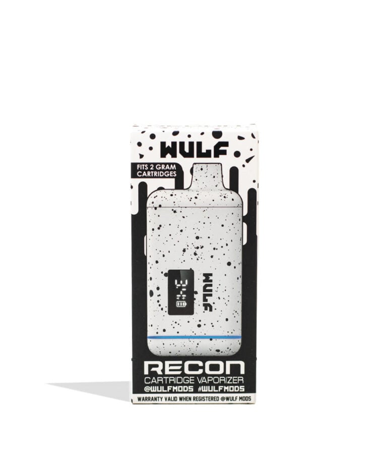 White Black Spatter Wulf Mods Recon 510 Thread Battery 9pk Packaging Front View on White Background