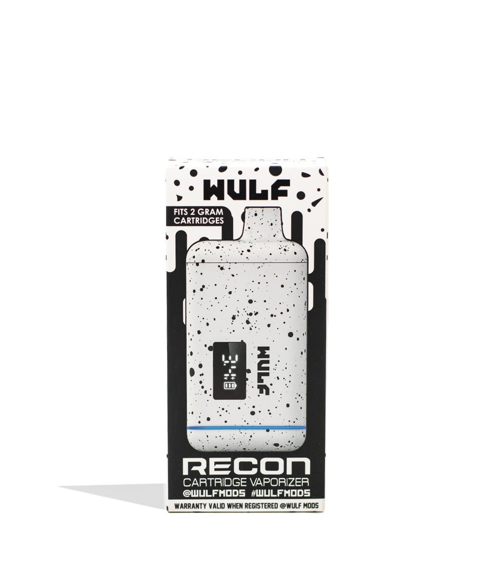 White Black Spatter Wulf Mods Recon 510 Thread Battery 9pk Packaging Front View on White Background