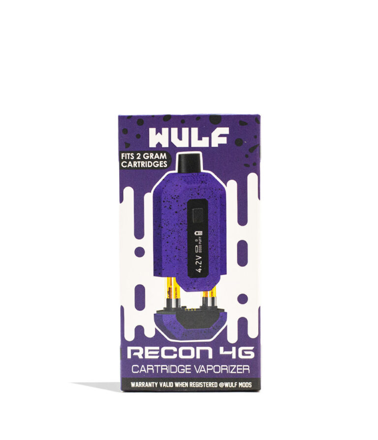Purple Black Spatter Wulf Mods Recon 4g Dual 510 Thread Battery 9pk Packaging Front View on White Background