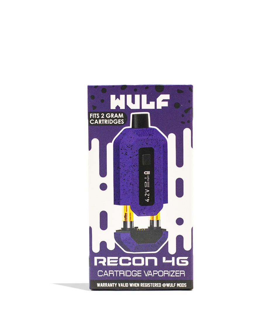 Purple Black Spatter Wulf Mods Recon 4g Dual 510 Thread Battery 9pk Packaging Front View on White Background