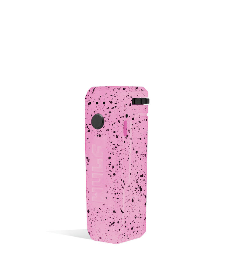 Pink Black Spatter left side view Wulf Mods UNI Adjustable 510 Thread Battery on white studio background