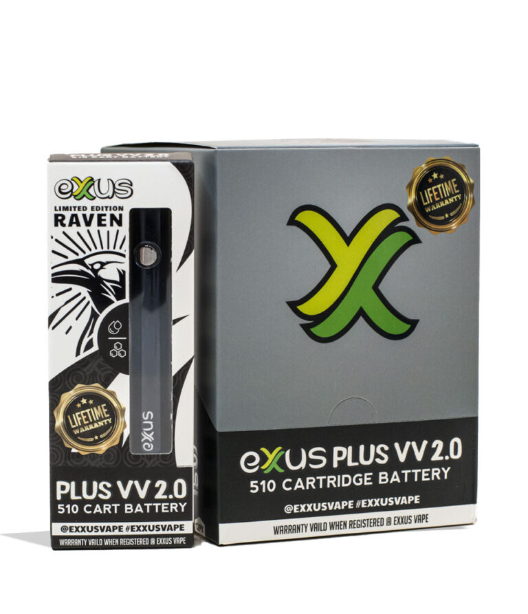 Raven Exxus Vape Plus VV 2.0 510 Thread Battery 12pk Packaging Front View on White Background