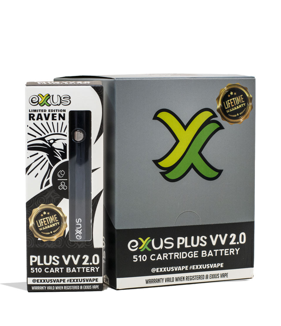 Raven Exxus Vape Plus VV 2.0 510 Thread Battery 12pk Packaging Front View on White Background