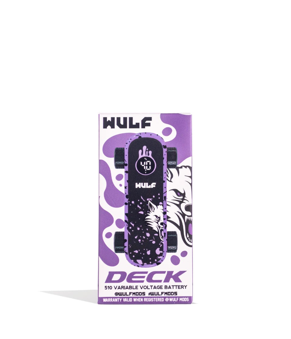 Purple Black Spatter Wulf Mods Deck Skateboard Voltage Battery 9pk Packaging Front View on White Background