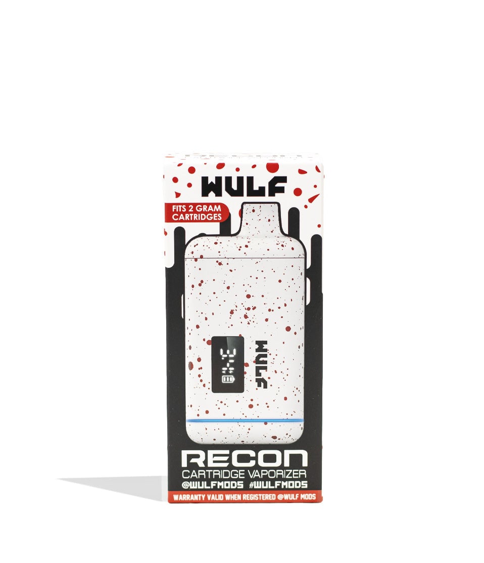 White Red Spatter Wulf Mods Recon 510 Thread Battery 9pk Packaging Front View on White Background