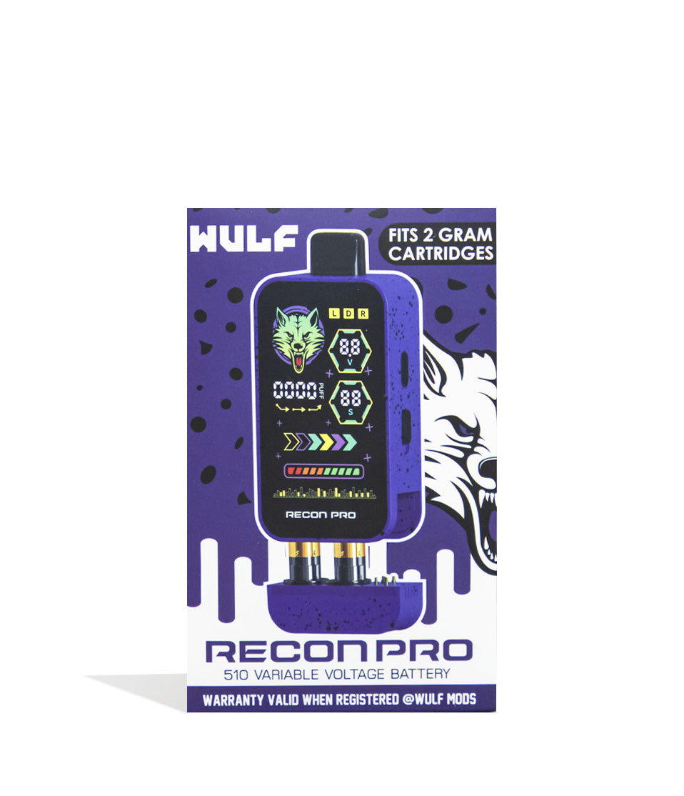 Purple Black Spatter Wulf Mods Recon Pro Dual 510 Voltage Battery 9pk Packaging Front View on White Background