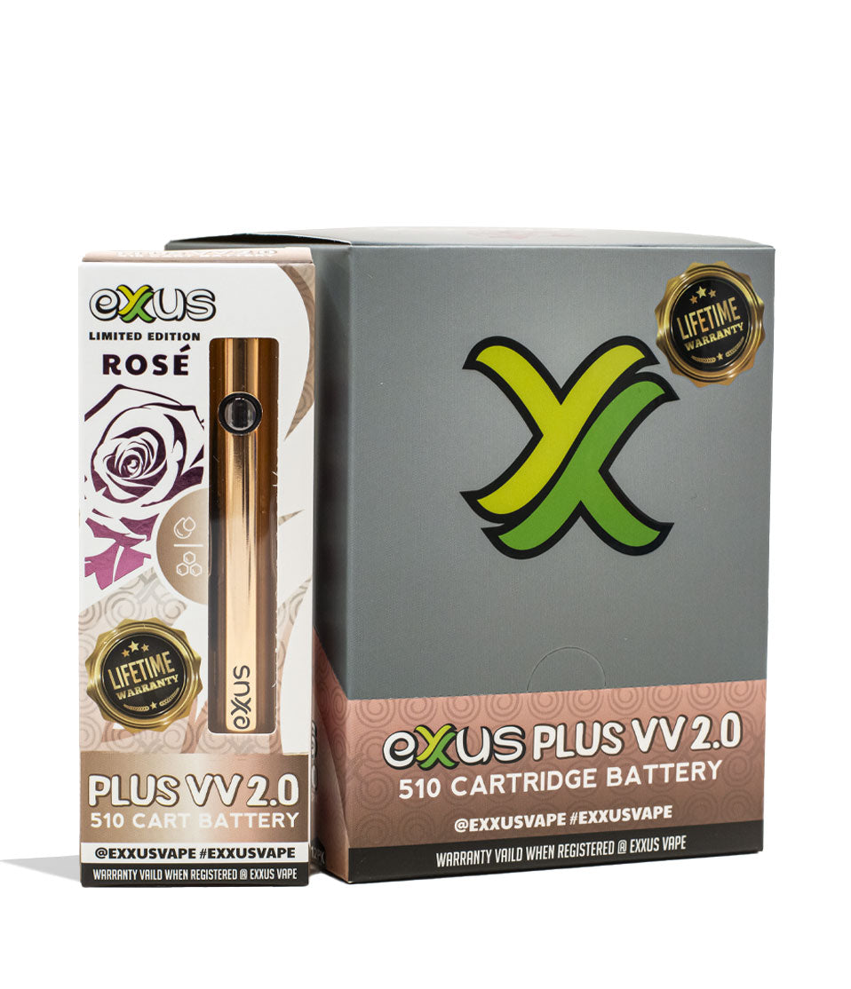 Rose Exxus Vape Plus VV 2.0 510 Thread Battery 12pk Packaging Front View on White Background